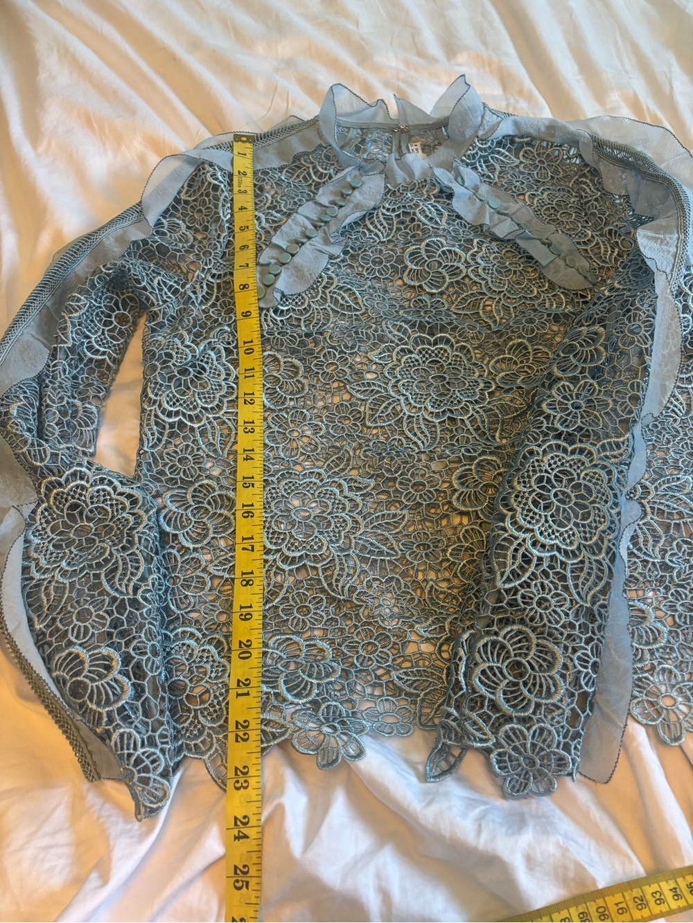 VGUC Self-Portrait Pale Blue Floral Lace Blouse with Organza Ruffles US 8/10 - Picture 9 of 13